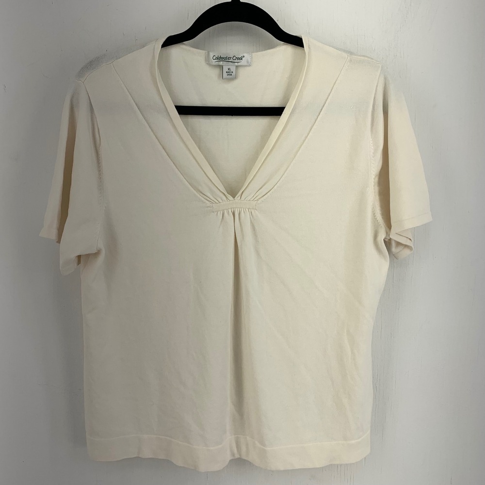Coldwater Creek Womens XL Ivory Silk Blend Short Sleeve Pleated V-Neck Knit Top